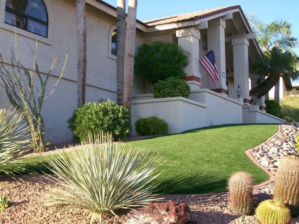 Green artificial grass lawn thriving in an arid Arizona desert landscape with cacti