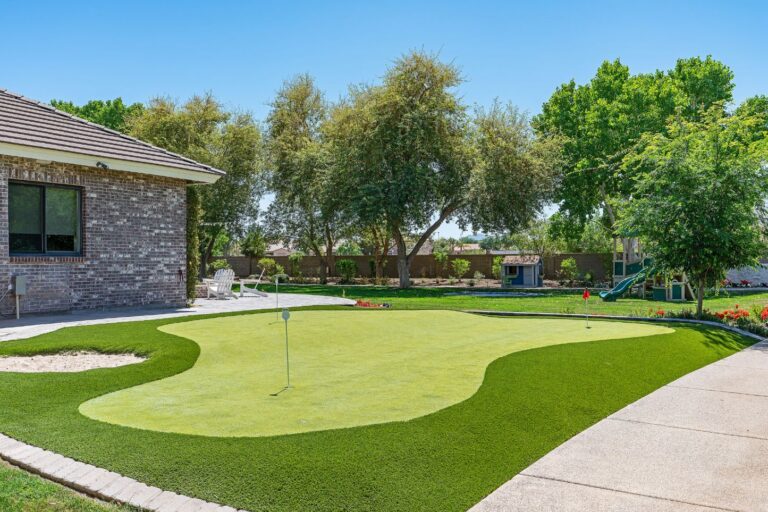 Synthetic backyard putting green in Phoenix with a golf ball and cup