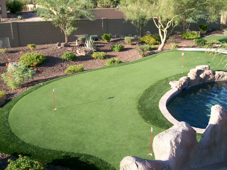 Arizona yard combining an artificial turf lawn with desert rock landscaping