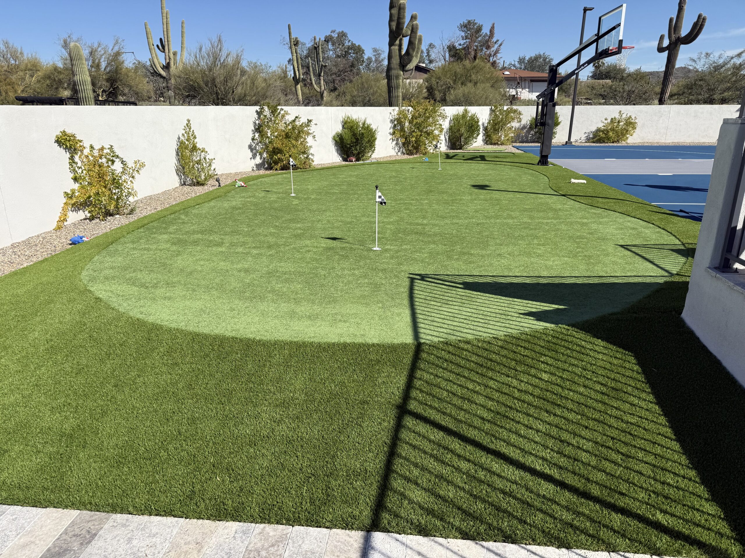 Artificial turf in Arizona used for a putting green in a backyard entertainment area.