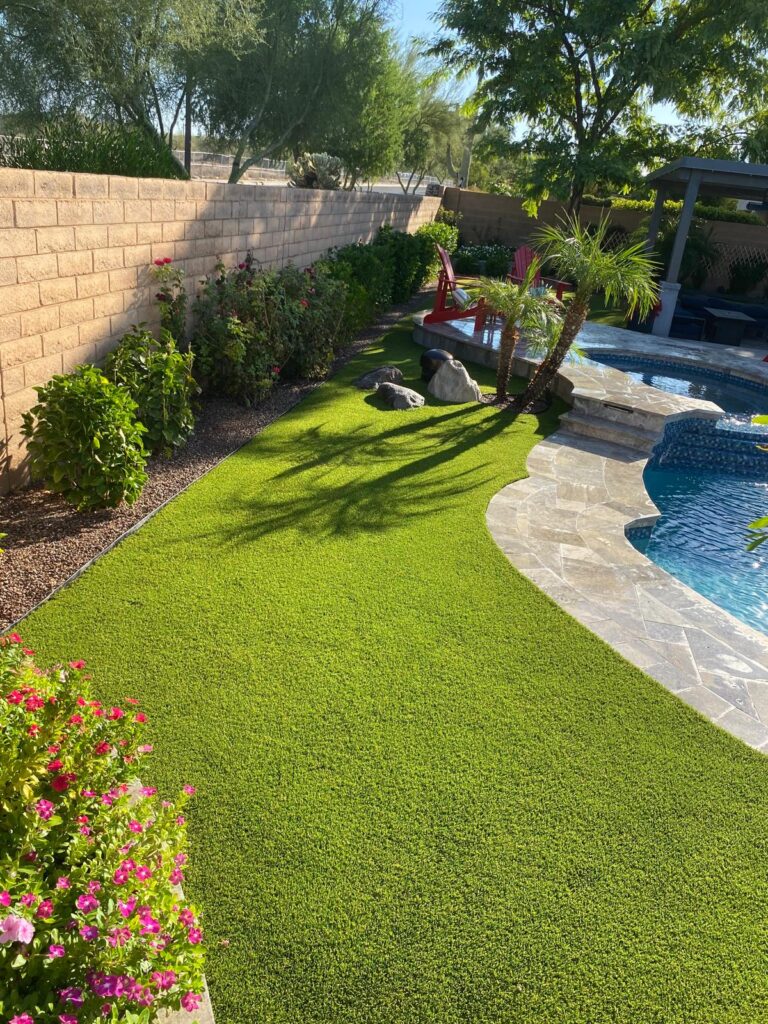 Pet turf installed in side yard for pets to use as a bathroom with microbial infill to mitigate odor.