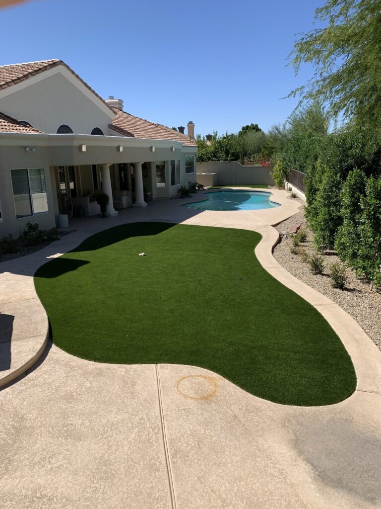 Pet turf installed with microbial infill perfect for pets to run and play in this Scottsdale backyard.