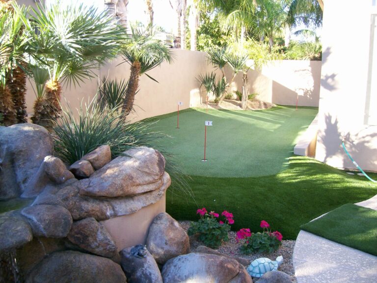 Putting greens installed by Turfscapes of Arizona on a small side yard perfect for Phoenix backyard homes.